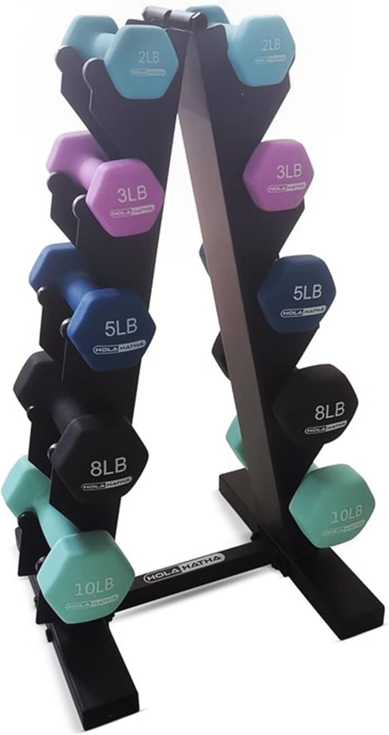 HolaHatha Neoprene Dumbbell Weights Set with Rack, Home Gym Equipment, 56 Lbs, Blues - Portable Weighted Exercise Dumbbells for Fitness, Training, and Lifting Workouts