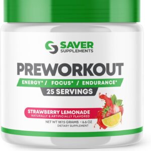 Pre Workout Powder with Beta Alanine, Creatine Monohydrate, BCAA, L Citrulline, L Arginine and Caffeine – Strawberry Lemonade Flavor – 25 Servings