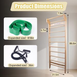 Wood Swedish Ladder with 11 Strategic Rods,Stall Bar,Withstands up to 150 KG(330 LB),Include Exercise Straps+Pull-Up Resistance Band+Pull-Up Bar,31.5”*86.6”,Wall Mounted,Stretching and Various Exercises,Indoor Home School Gym Fitness