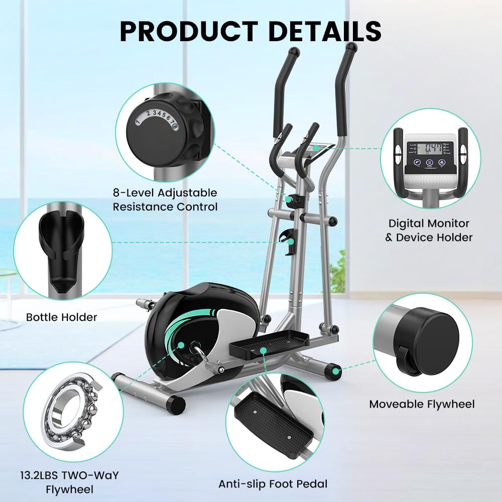 Dripex Elliptical Exercise Machine, Hyper-Quiet Elliptical Machine for Home, Magnetic Elliptical Training Machines with 8-Level Resistance, 6KG Flywheel, LCD Monitor, Pulse Sensor - Image 7