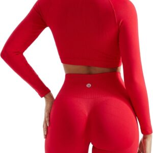 SUUKSESS Women 2 Piece Workout Sets Hidden Scrunch Hip Lifting Seamless Leggings Long Sleeve Yoga Crop Tops