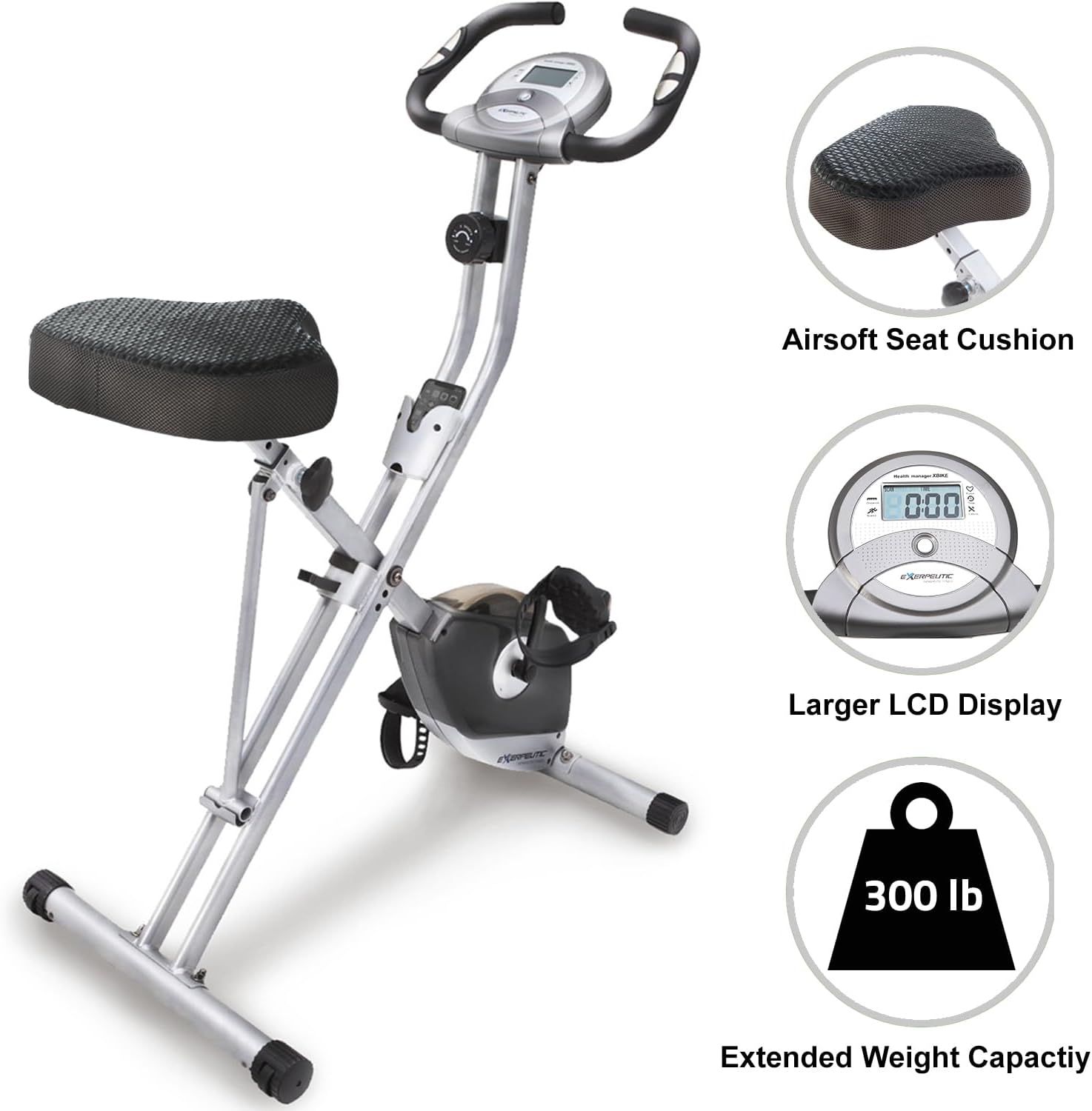 Exerpeutic Foldable Exercise Bike, 8 levels of Resistance Stationary Bicycle with Airsoft Seat, LCD Display to Track Distance, Calories, Time and Speed - Image 2