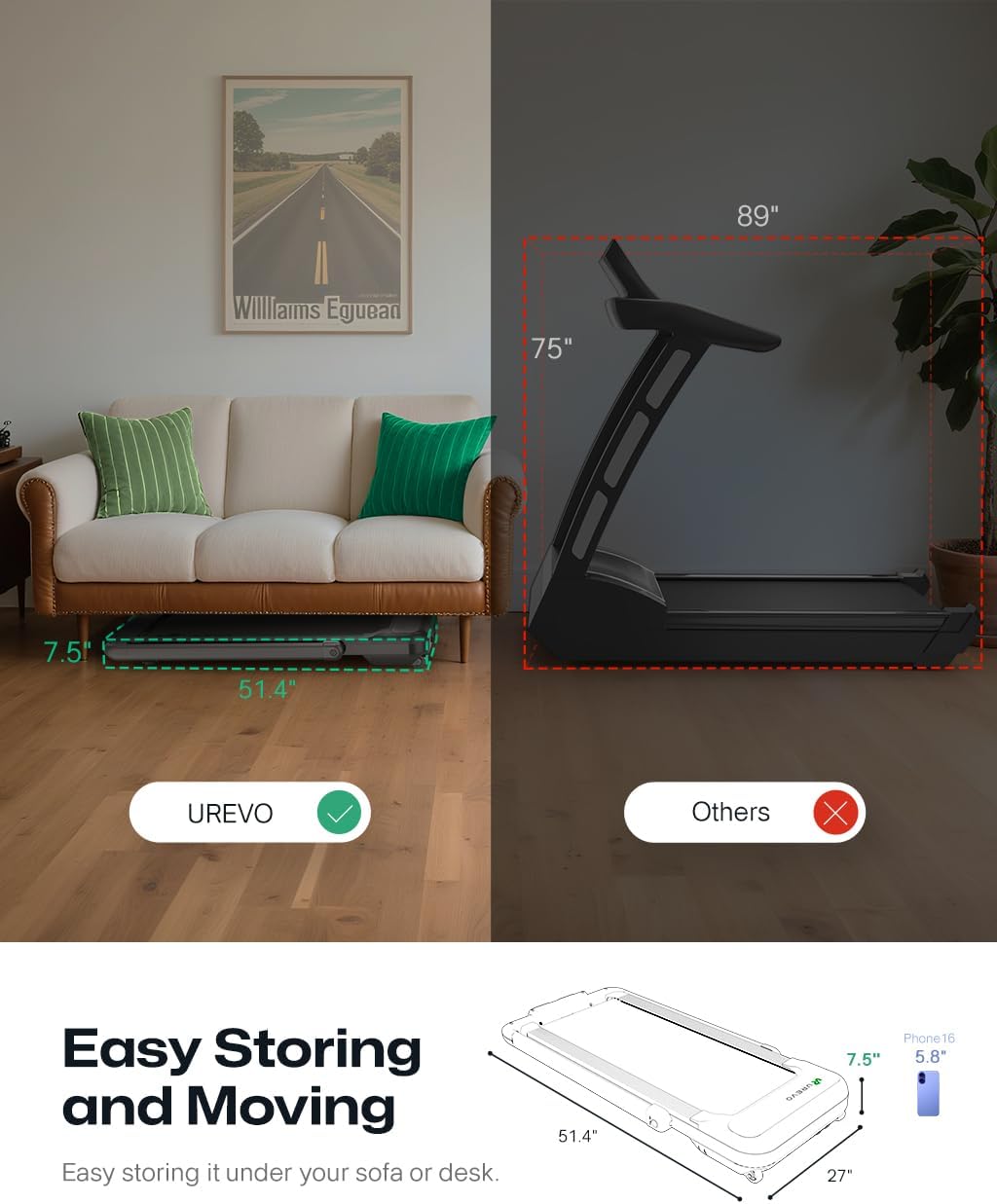 Smart Treadmill with 9% Auto Incline, Hiking and Running Walking Pad Treadmills for Home Office, Treadmill with UREVO APP, AI Powered Music Course, HIIT Programs Synced to Scenic Route, One-Click Mute - Image 9