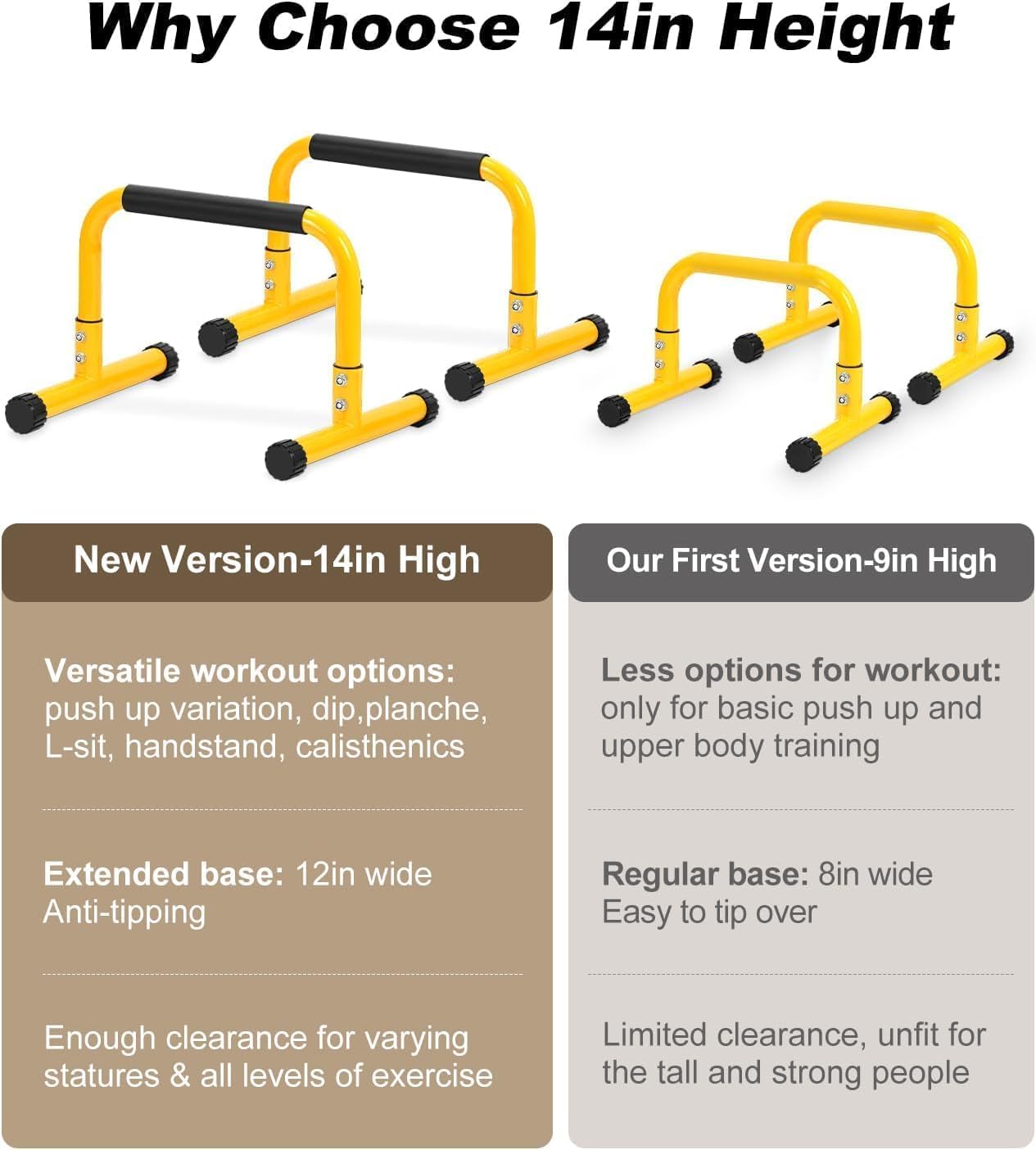 TABEKE Push Up Bar, 14'' High Steel Parallettes & Dip Bar with Full Coverage Foam Handle, Heavy-Duty Calisthenics Parallel Bars for L-Sit, Dips, Home Gym Strength Training Workout - Image 3