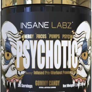 Insane Labz Psychotic Gold, High Stimulant Pre Workout Powder, Extreme Lasting Energy Focus, Pumps and Endurance with Beta Alanine, DMAE Bitartrate, NO Booster (35 Servings, Gummy Candy)