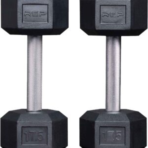 Rep Fitness Rubber Hex Dumbbell(s) – Singles (55LB +) and Pairs (5LB – 50LB) – Low Odor, Fully Knurled Handle