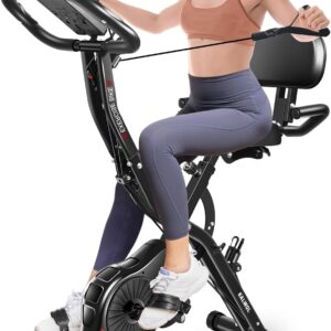 Folding Exercise Bike, 5-in-1 Foldable Stationary Bike Upgraded 16-level Magnetic Resistance 10DB Near-silent Bike Upright Indoor Cycling Bike with 350LB Capacity, Comfortable Seat Backrest…