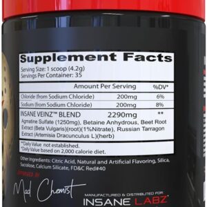 Insane Labz Insane Veinz Non Stimulant NO Enhancing Powder, Nitric Oxide Booster, Loaded with Agmatine Sulfate and Betaine Anhydrous, Increase Vascularity, 35 Srvgs, Fruit Punch