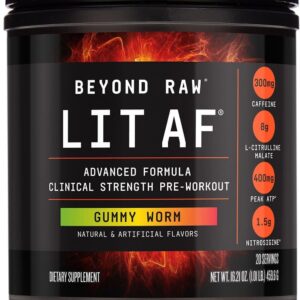 BEYOND RAW LIT Advanced Pre Workout Formula, Gummy Worm, for Energy, Focus, Endurance, Pumps, with 300mg Rapid and Targeted Release Caffeine, Creatine, Betaine, Beta Alanine, Taurine, 20 Servings