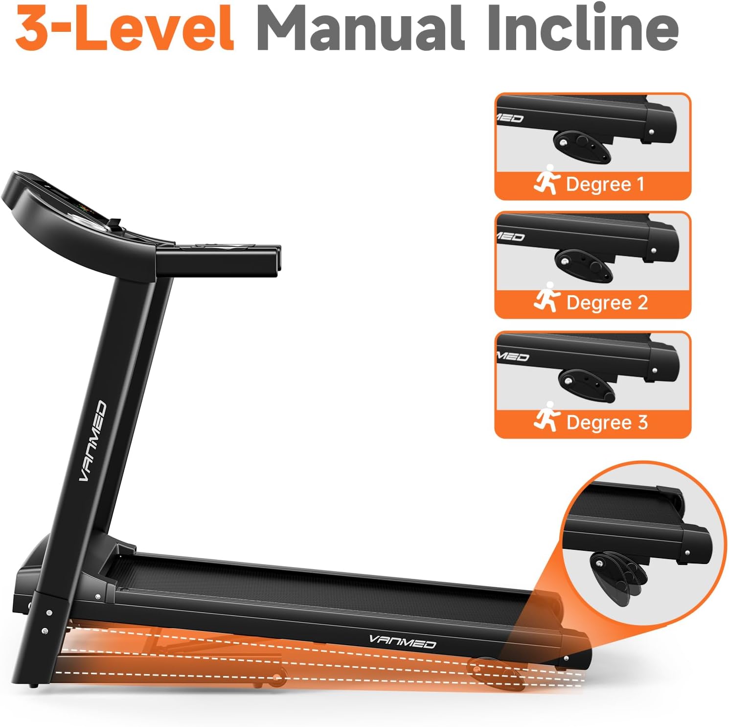 Treadmill for Home, 3-Level Manual Incline, 3.25HP Walking Jogging Running Machine, 320LBS Weight Capacity, 7.6 MPH Max Speed, Compact Portable Treadmills for Home Small/Office - Image 3