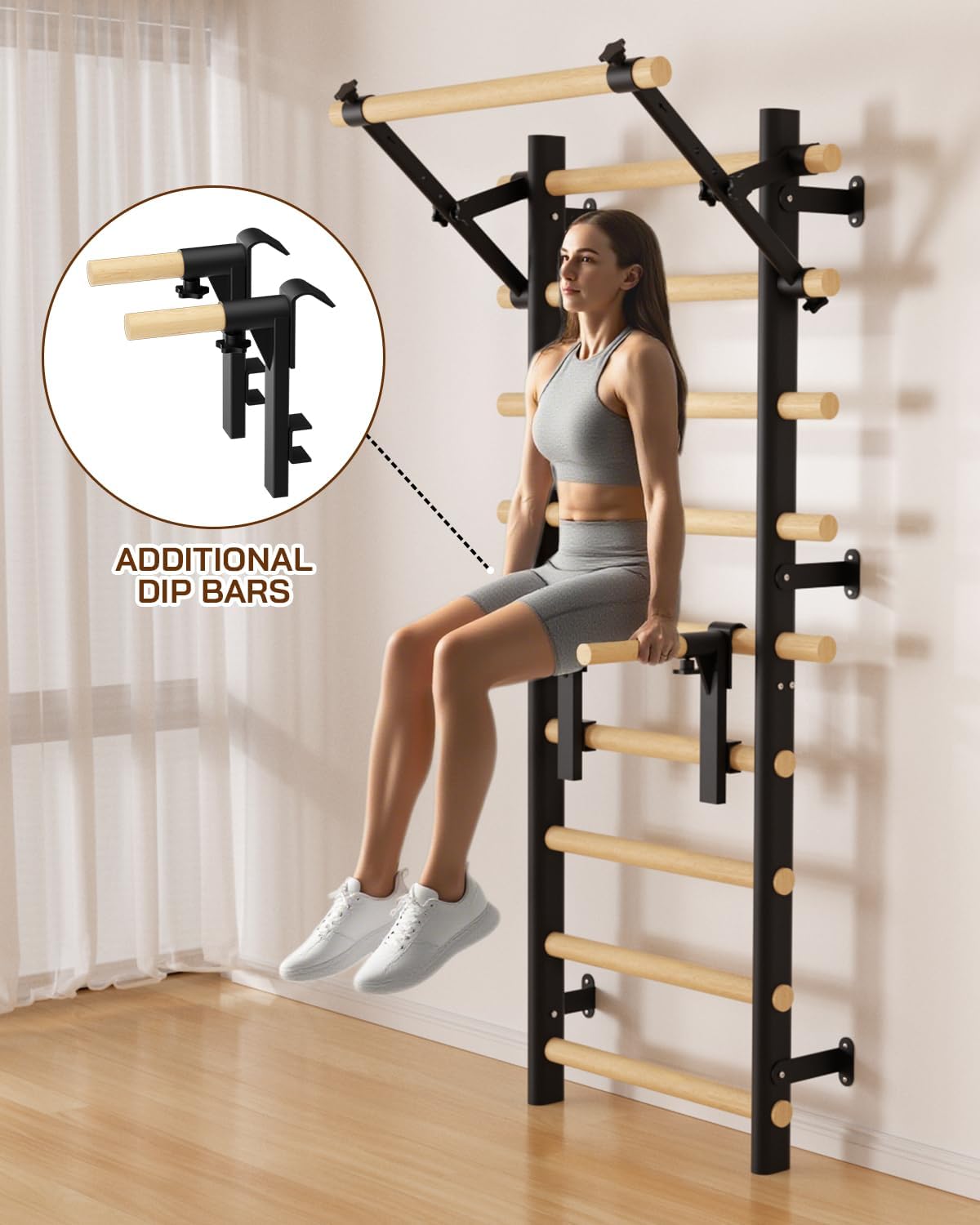 Swedish Ladder Wall Gym, Wooden Wall-Mounted Stall Bars with Pull-up Bar & Exercise Straps & Dip Bars, Stretching Ladder Full Body Home Gym Adults New - Image 4