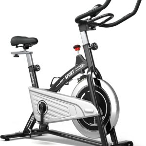 Goplus Indoor Exercise Cycling Bike, 330LBS Capacity Stationary Bike W/ Smooth Belt Drive, Heart Rate, LCD Monitor, Adjustable Comfortable Cushion, Handlebar, Near-silent Cardio Workout Bike for Office Home Gym