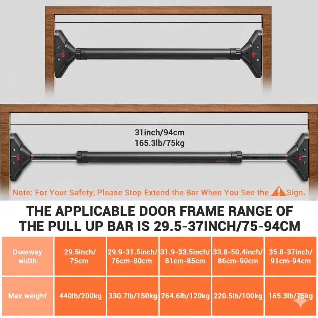 pull up barStrength Training Chin up Bar without Screws,Adjustable 28.34''-43.30'' Width Locking Mechanism Pull up Bar for Doorway,Max Load 440lbs for Home Gym Upper Body Workout, Non-slip - Image 4