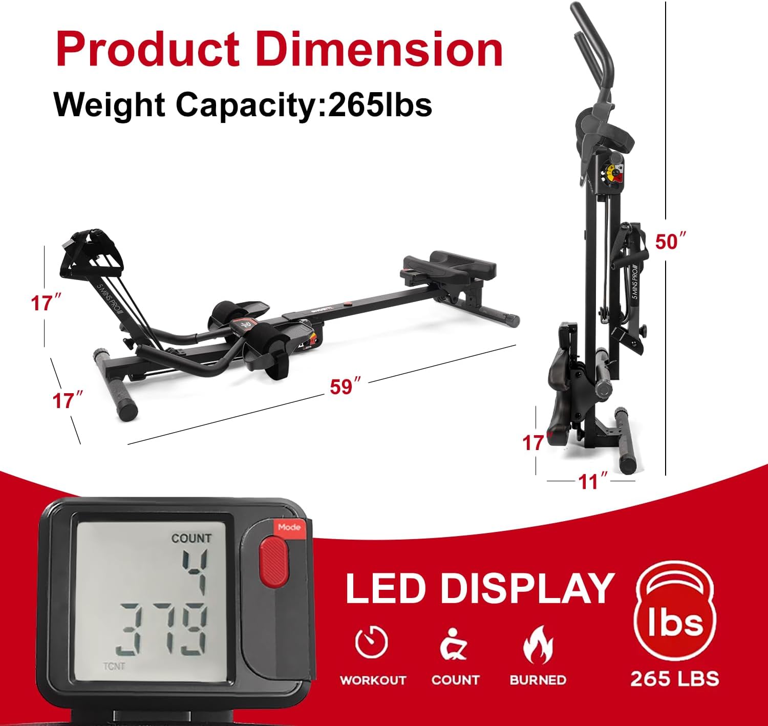 Tousains 3 in 1 Foldable Rowing Machine, AB Machine with 3 Level Angle & Led Monitor, Multi-Functional Rower Fitness Equipment Home Gym Full Body Fitness Machine - Image 6
