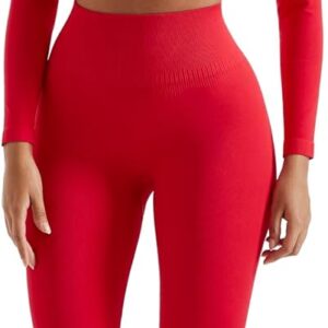 SUUKSESS Women 2 Piece Workout Sets Hidden Scrunch Hip Lifting Seamless Leggings Long Sleeve Yoga Crop Tops