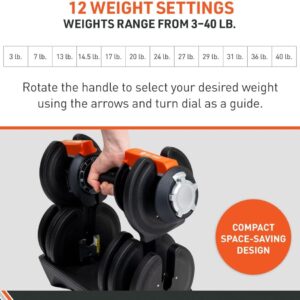 BodySport 40 Pound Adjustable Dumbbells – Includes 12 Free Weights, Ranging from 3 to 40 Pounds, Ideal for Home Gym Workouts and Weight Training