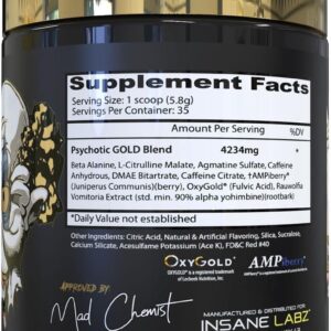 Insane Labz Psychotic Gold, High Stimulant Pre Workout Powder, Extreme Lasting Energy Focus, Pumps and Endurance with Beta Alanine, DMAE Bitartrate, NO Booster (35 Servings, Gummy Candy)