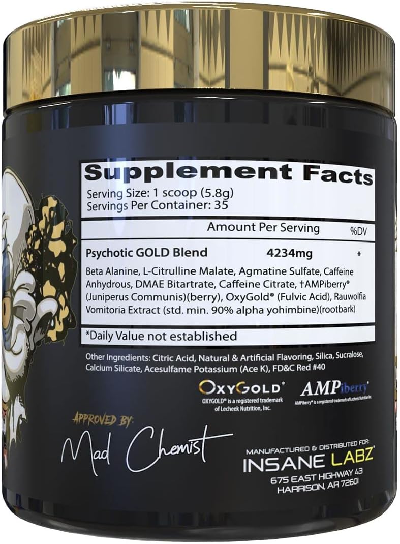 Insane Labz Psychotic Gold, High Stimulant Pre Workout Powder, Extreme Lasting Energy Focus, Pumps and Endurance with Beta Alanine, DMAE Bitartrate, NO Booster (35 Servings, Gummy Candy) - Image 2