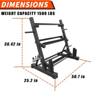 PENSUN Dumbbell Rack – 3 Tier Adjustable Weight Storage Stand with Side Barbell Plate Holder – Multi Purpose Home Gym Organizer for Dumbbells, Kettlebells, Barbell