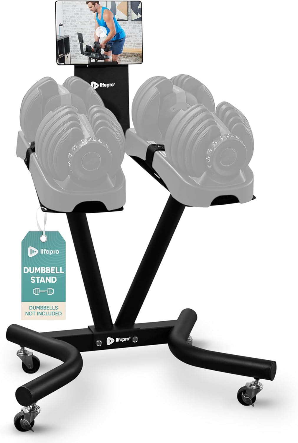 Lifepro Adjustable Dumbbell Stand with Wheels & Phone/Tablet Holder – Compatible with PowerFlow Plus, PowerUp Plus & Other Brands – Smart, Space-Saving Dumbbell Rack for Home Gym