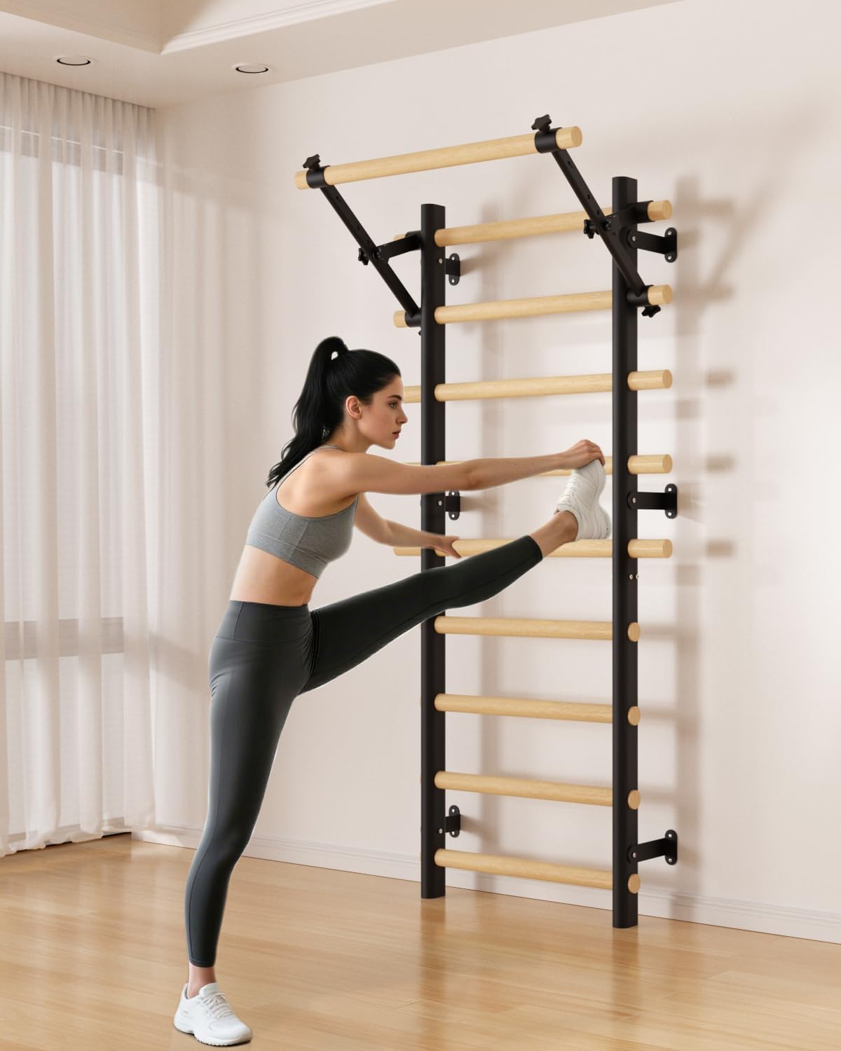 Swedish Ladder Wall Gym, Wooden Wall-Mounted Stall Bars with Pull-up Bar & Exercise Straps & Dip Bars, Stretching Ladder Full Body Home Gym Adults New - Image 7