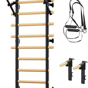 Swedish Ladder Wall Gym, Wooden Wall-Mounted Stall Bars with Pull-up Bar & Exercise Straps & Dip Bars, Stretching Ladder Full Body Home Gym Adults New