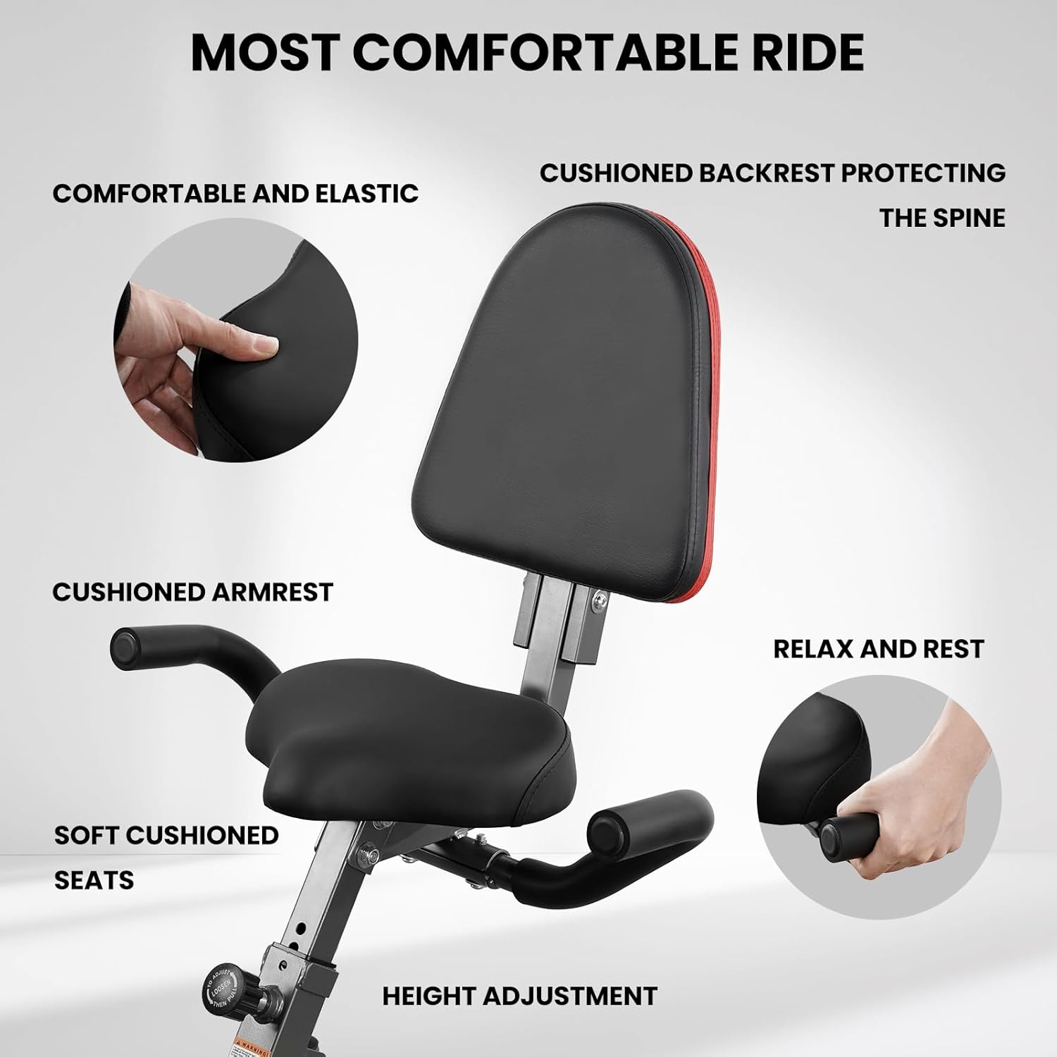 Exercise Bike Stationary Bike Folding Exercise Bike with 10 Level Adjustable Magentic Resistance Support Back Pad and Phone/Tablet Holder Arm Resistance Band Pulse Sensor LCD Monitor for Home Workout 265 LB Capacity - Image 4