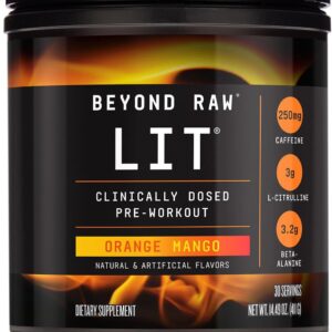BEYOND RAW LIT Pre Workout Powder Supplement for Men and Women, Energy, Focus, Endurance, Pumps, Nitric Oxide Boost, 250mg Caffeine, Creatine, Beta Alanine, Orange Mango, 30 Servings