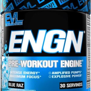 EVL Intense Pre Workout with Creatine – ENGN Energizing Pre Workout for Men Powder Drink for Lasting Energy Focus and Recovery – with Beta Alanine Caffeine and L Theanine – Blue Raz