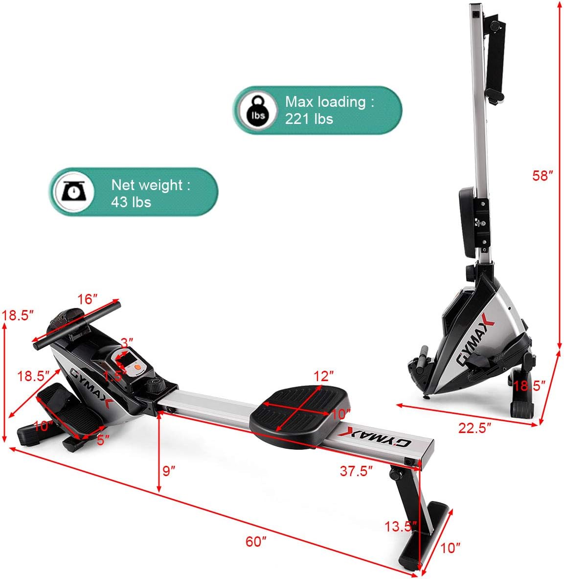 Gymax Magnetic Rower, 8-Level Folding Magnetic Rowing Machine with LCD Monitor, for Home Gym Cardio Exercise Fitness - Image 9