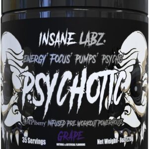 Insane Labz Psychotic Black Edition Mid Stimulant Pre Workout Powder, Energy Focus Pumps, Loaded with Creatine Beta Alanine Taurine Fueled by AMPiberry, 35 Servings (Grape)