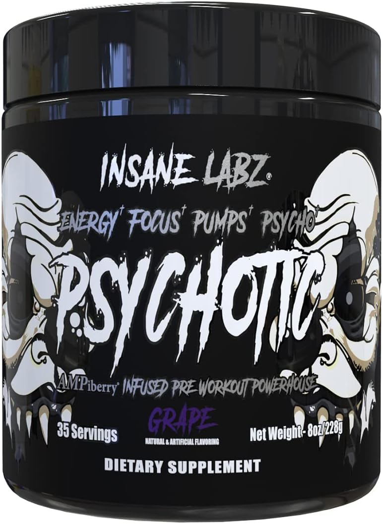 Insane Labz Psychotic Black Edition Mid Stimulant Pre Workout Powder, Energy Focus Pumps, Loaded with Creatine Beta Alanine Taurine Fueled by AMPiberry, 35 Servings (Grape)