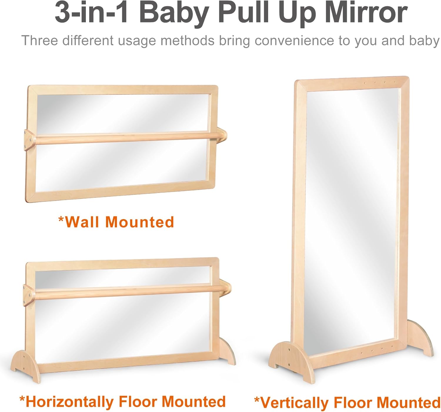 3-Position Montessori Wood Frame Non-Shatter Safety Pull Up Bar Baby Big Mirror Set, Infant Coordination Mirror, Kids Classroom Furniture for Daycare, Homeschool or Preschool - Image 3