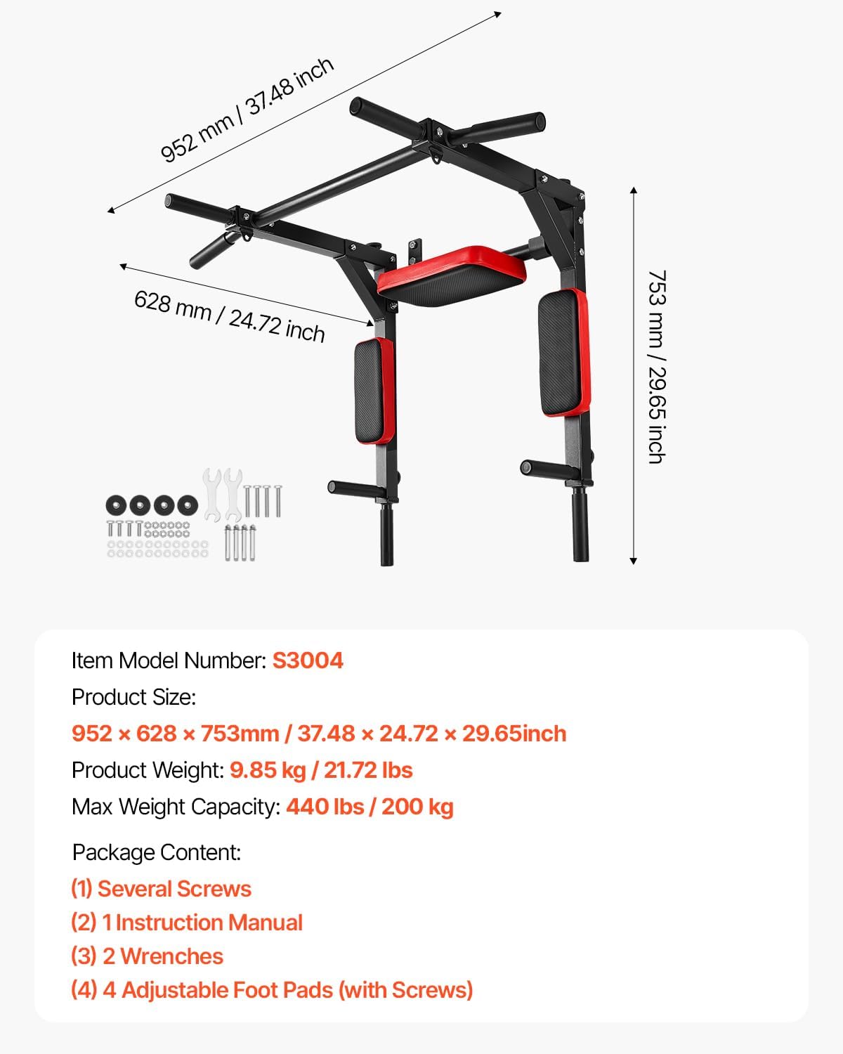 VEVOR Multifunctional Pull Up Bar, Wall Mounted Chin Up Bar Dip Station for Home Gym, Heavy Duty Steel Upper Body Workout Pull Ups, Power Tower Set Training Equipment Fitness, 440 lbs Weight Capacity - Image 7
