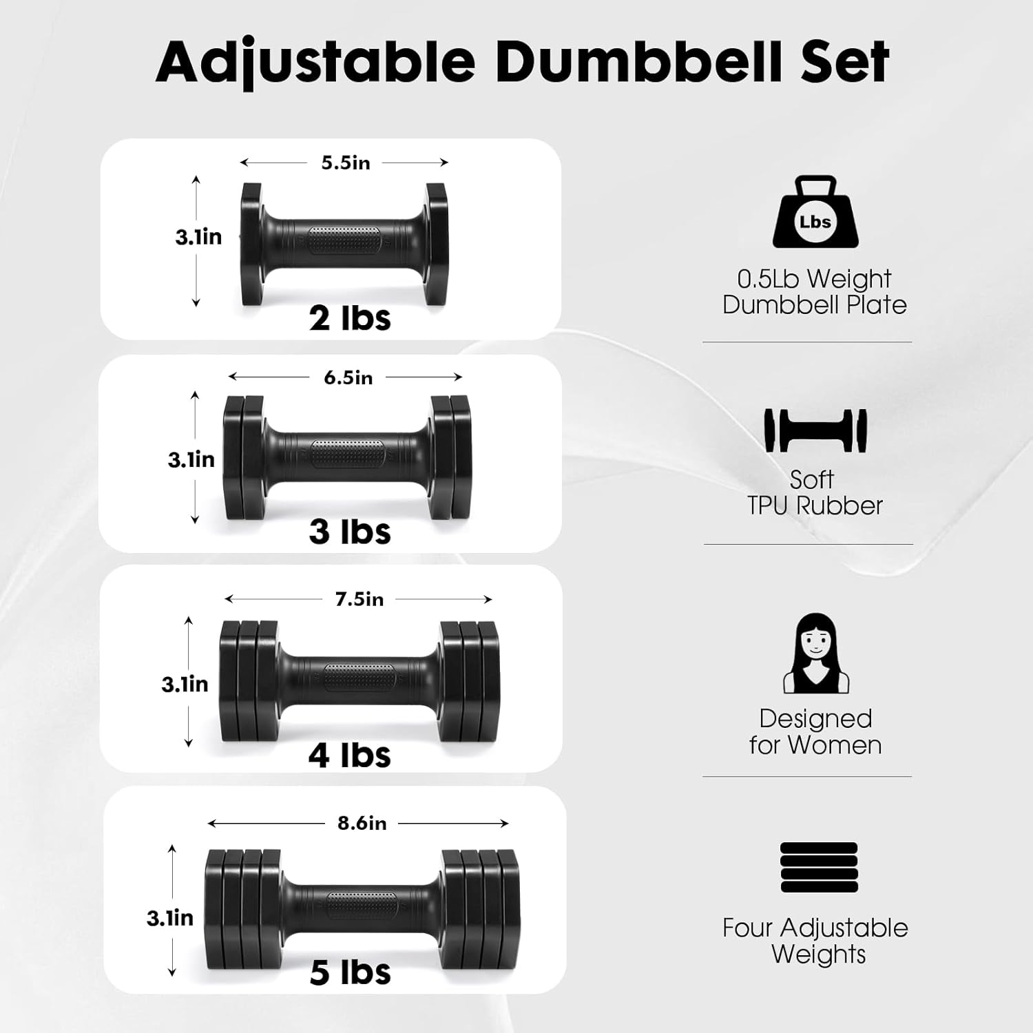 Adjustable Dumbbell Set, 4 in 1 Free Weights Dumbbells Set for Women, Weights for Women at Home, 2lb 3lb 4lb 5lb with TPU Soft Rubber Handle for Home Gym Exercise Training - Image 4