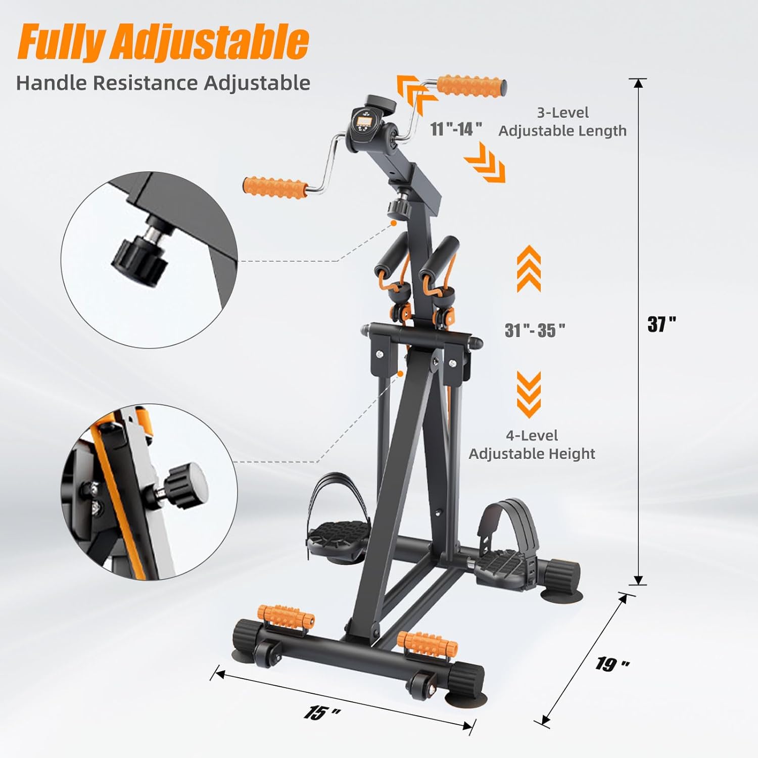 Pedal Exerciser with Arm Rope Pull Exercise & Foot Massage - 15"Wร19โDร37โH Floor Peddler Exerciser for Elderly, Leg Swing Exercise, Metal Stroke Recovery Pedal Exercise Equipment, with Digital Display, Black - Image 3