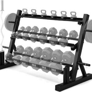 PENSUN Dumbbell Rack – 3 Tier Adjustable Weight Storage Stand with Side Barbell Plate Holder – Multi Purpose Home Gym Organizer for Dumbbells, Kettlebells, Barbell
