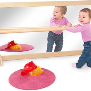 3-Position Montessori Wood Frame Non-Shatter Safety Pull Up Bar Baby Big Mirror Set, Infant Coordination Mirror, Kids Classroom Furniture for Daycare, Homeschool or Preschool