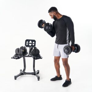 Echelon Strength Adjustable Dumbbells 752 with Stand – 7 to 52.5 lb Quick Select Free Weights for Home Gym, Metal Grip Dumbbells with Storage Rack and Tablet Holder
