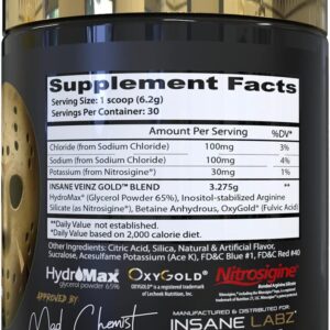 Insane Labz Insane Veinz Gold, Nitric Oxide Non Stimulant pre Workout Powder, Loaded with Hydromax, Nitrosigine, Increases Vascularity and Blood Flow, 30 Srvgs, Grape