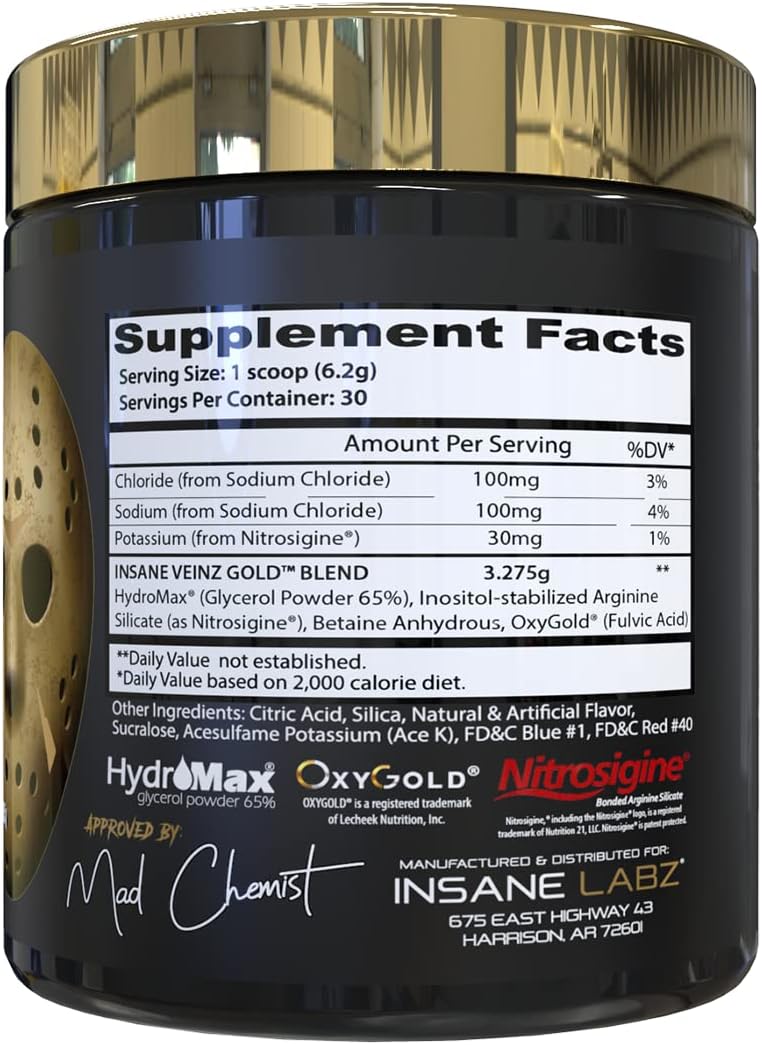 Insane Labz Insane Veinz Gold, Nitric Oxide Non Stimulant pre Workout Powder, Loaded with Hydromax, Nitrosigine, Increases Vascularity and Blood Flow, 30 Srvgs, Grape - Image 2