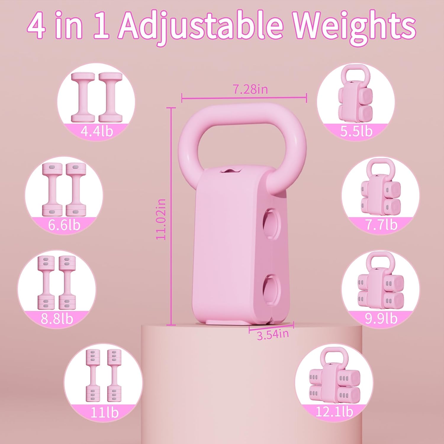 Adjustable Kettlebell Set, 4-in-1 Free Weight Kettlebell sets (5.5lbs 7.7lbs 9.9lbs 12.1lbs) for women, Weight Dumbbell Set of 2 for Home Gym Fitness Training - Image 3