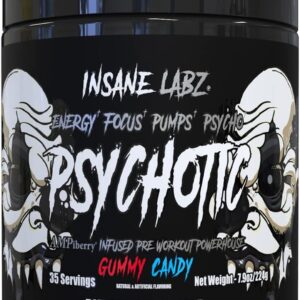 Insane Labz Psychotic Black Edition Mid Stimulant Pre Workout Powder, Energy Focus Pumps, Loaded with Creatine Beta Alanine Taurine Fueled by AMPiberry, 35 Servings (Gummy Candy)