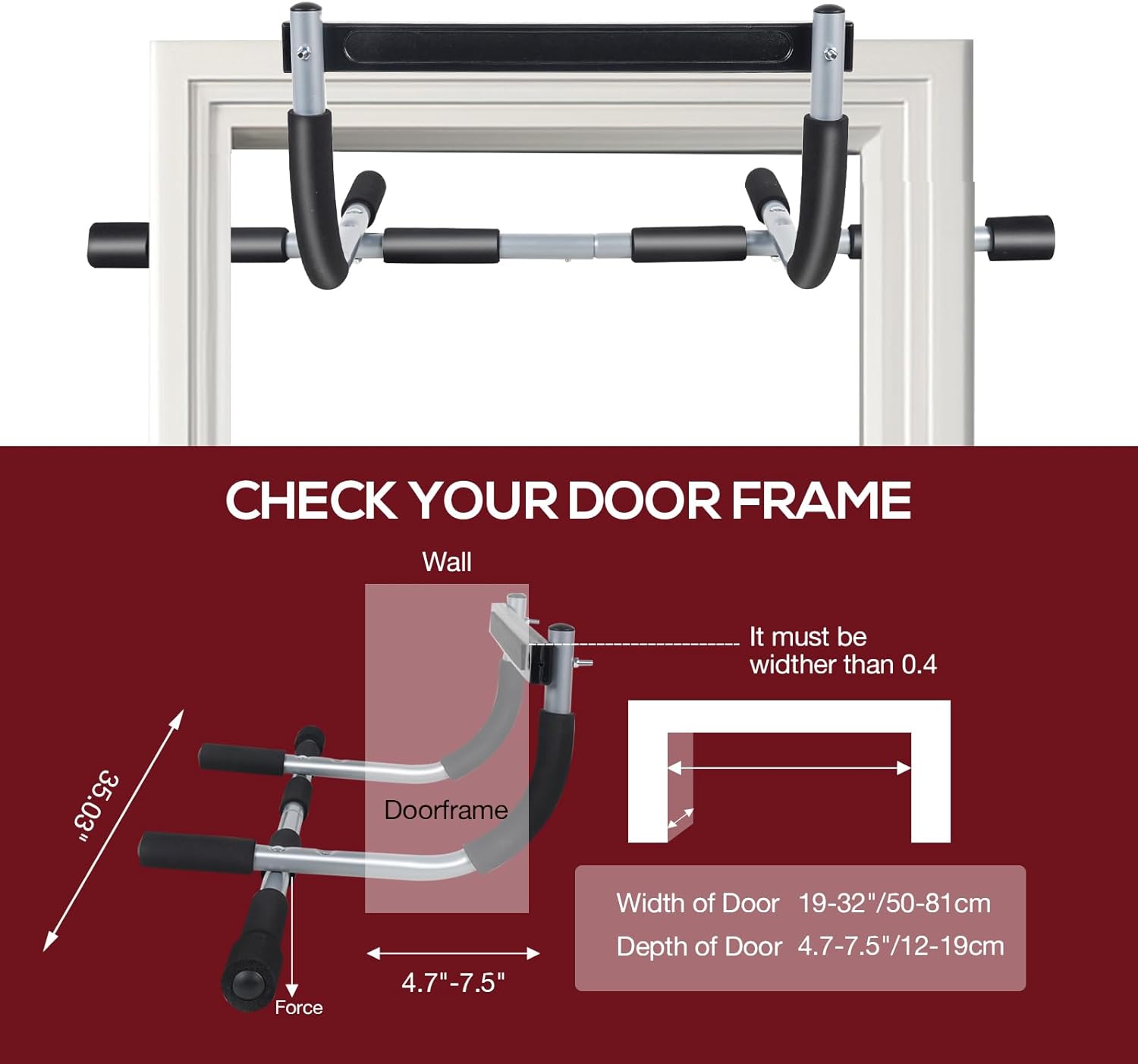 GYE Doorway Pull Up Bar for Home Gym, Adjustable Width, Heavy-Duty Steel,Max Limit 440 lbs Upper Body Fitness Workout Bar with Foam Grips,Indoor Portable Upper Body Workout Bar for Strength Training - Image 4