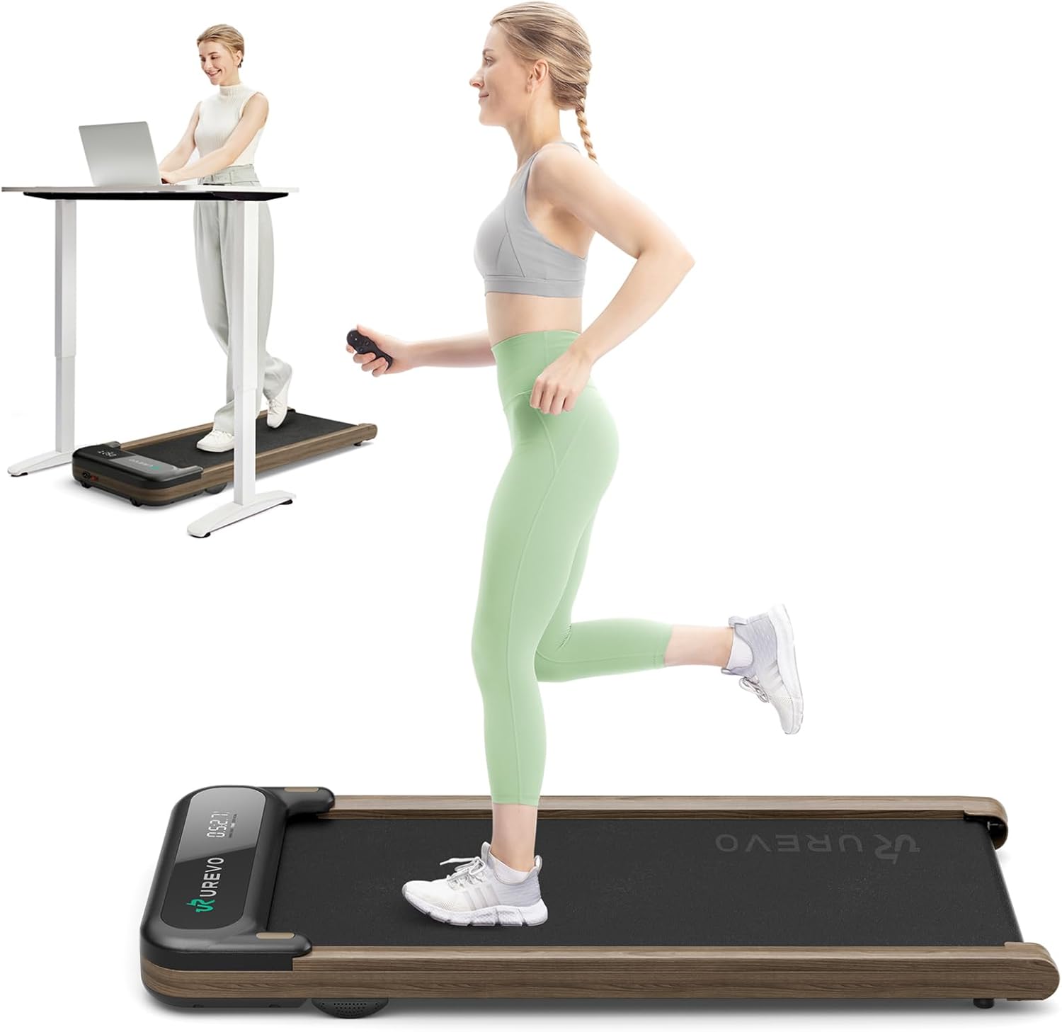 UREVO E4W Smart Walking Pad, Under Desk Treadmill with Wood Grain Design, 8-Point Shock Absorption, Quiet Operation, Workout APP with Track Insights and MIIT Mode, Plug and Play, Remote Control