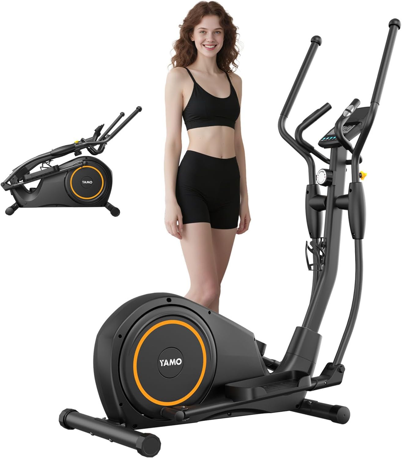 YAMO Elliptical Machine, Folding Elliptical Trainer with Hyper-Quiet Magnetic Driving System, Elliptical Exercise Machine for Home with Pulse Monitor, 8 Resistance Levels