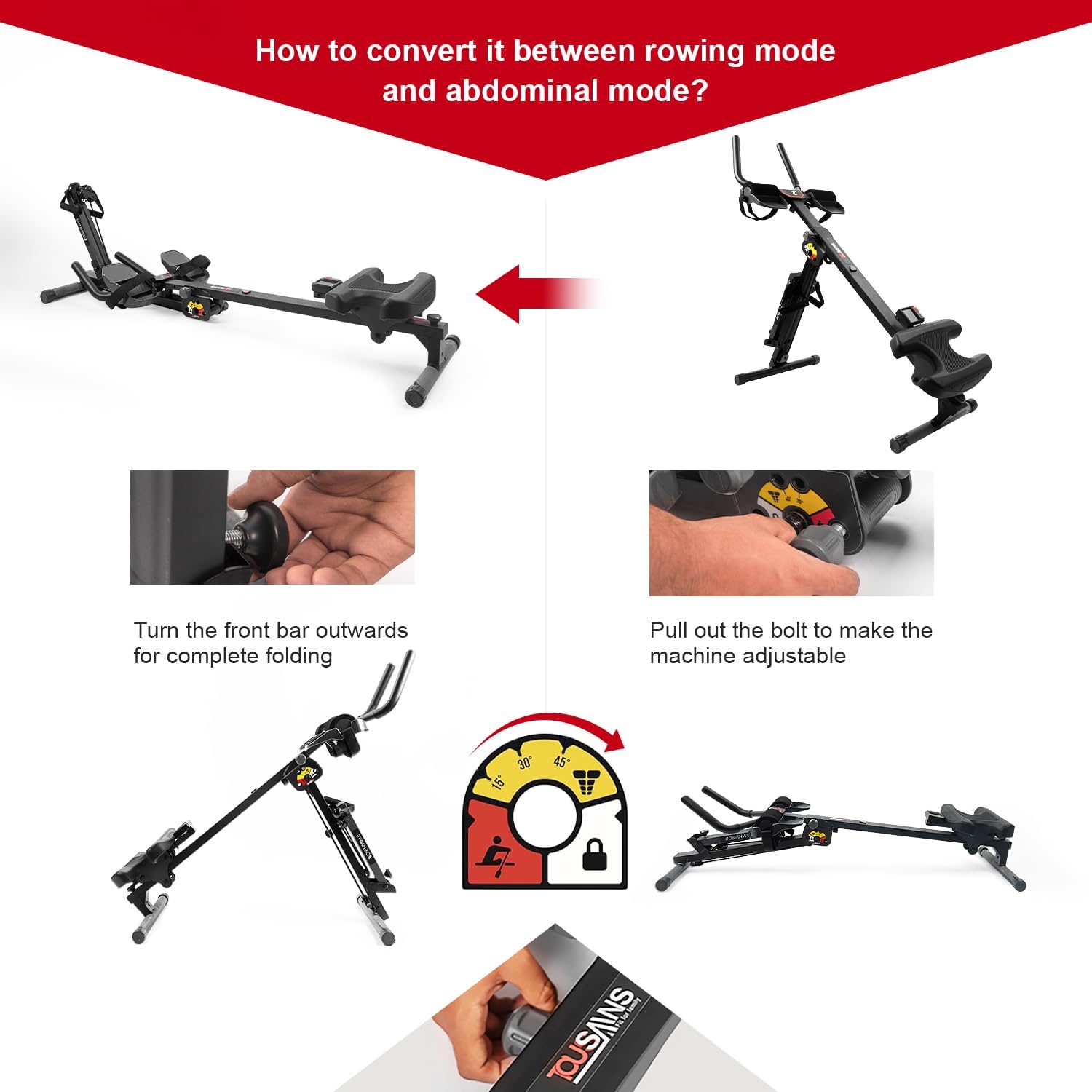 Tousains 3 in 1 Foldable Rowing Machine, AB Machine with 3 Level Angle & Led Monitor, Multi-Functional Rower Fitness Equipment Home Gym Full Body Fitness Machine - Image 4