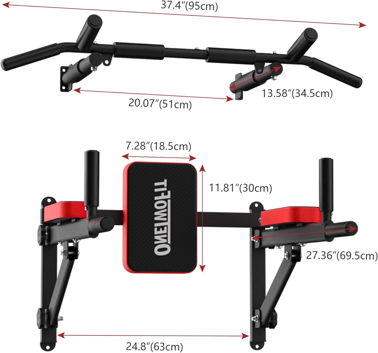 ONETWOFIT Wall Mounted Pull Up Bar, 2 in 1 Pull Up and Dip Bar Station Space Saving Multifunctional Wall Mount Chin Up Bar Indoor Outdoor Strength Training Home Gym Equipment - Image 2