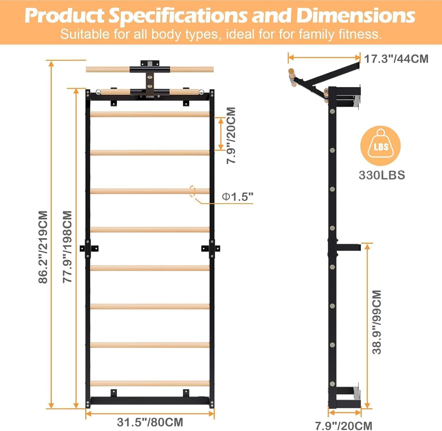Swedish Ladder, Wood Stall Bars Suspension Trainer with Pull-Up Bar & Rings for Straps, Swedish ladders Wall Gym Adult, Wall-Mounted Workout Ladder for Home, Gym, School - Image 3