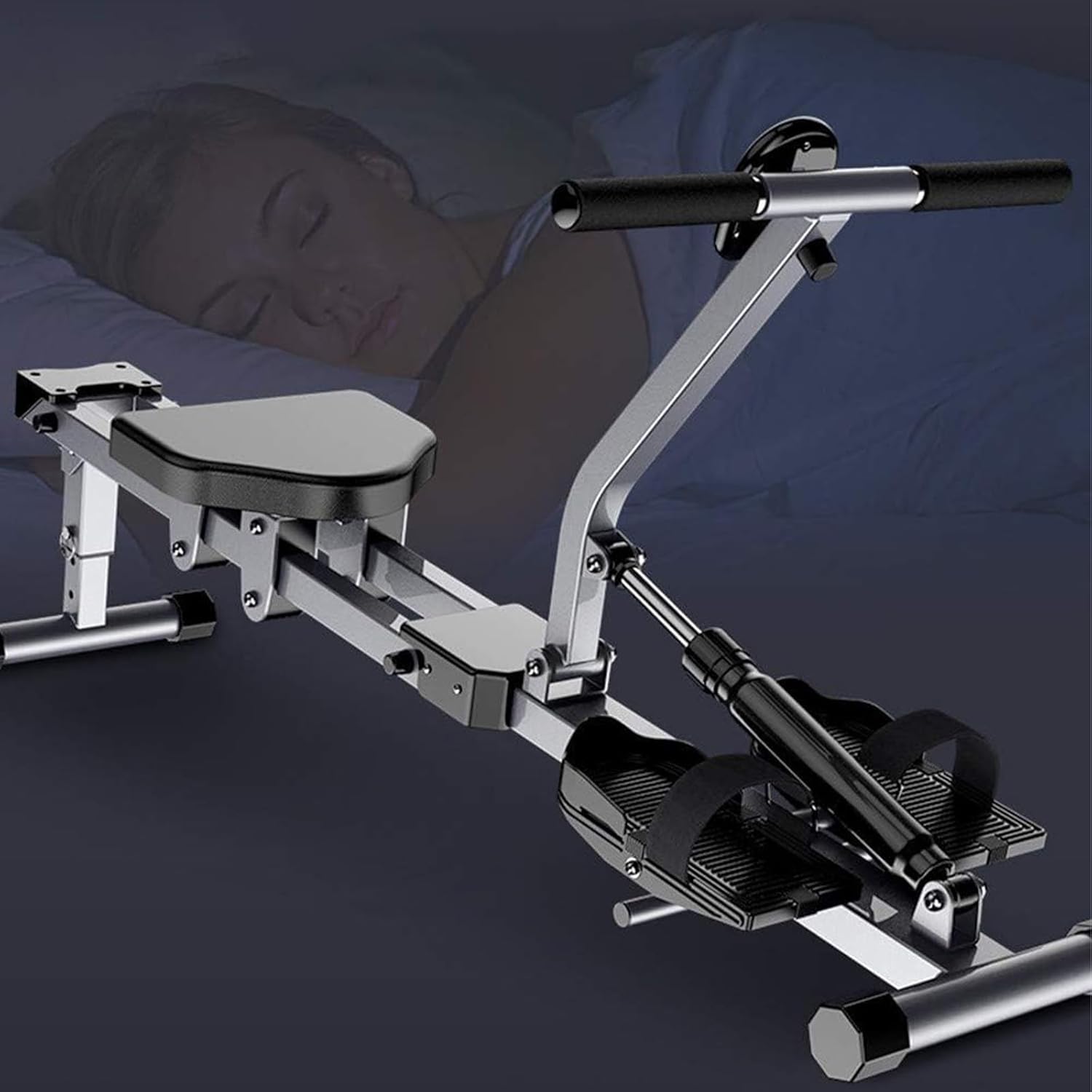 Backrest Rowing Machine Fitness Training Equipment Hydraulic Foldable Double Paddle Silent Resistance Small Rowing Phone Stand, Silver - Image 5